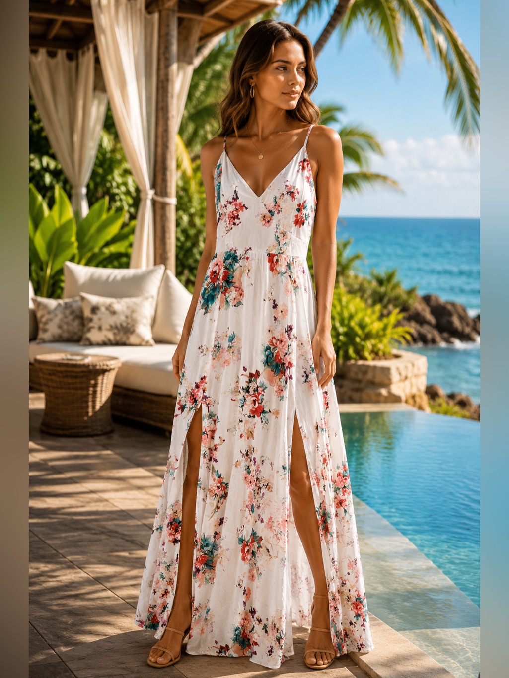 Parisian Floral Maxi Dress White Multicolor Peasant Chic Resort Boho Cottagecore